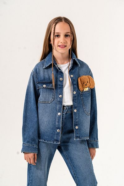 GİYİCEM TEKSTİL Cămașă din denim cu câine brodat pentru fetiță 3137