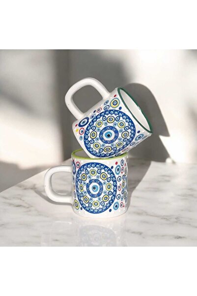 AGH 2'Lİ ÇİNİ DESENLİ SERAMİK EL İŞÇİLİĞİ KABARTMA NAZAR MOTİFLİ KUPA - MUG B...
