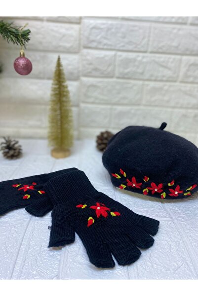 sema aksesuar Handmade Red Floral Embroidered Pearls Black French Painter Beret Hat and Fingerless Gloves Set