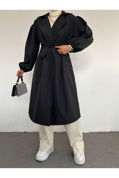 Modamorfo Hijab-Trenchcoat mit Spitzenbund und elastischen Ärmeln