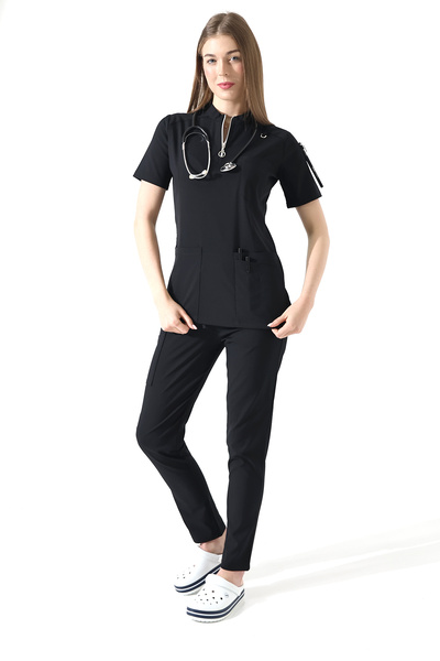 TİJA زي أسود ممتاز للممرضات والأطباء، بدلة للخدمة، مقشرات ليكرا