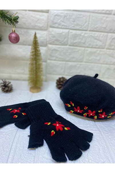sema aksesuar Handmade Red Floral Embroidered Pearls Black French Painter Beret Hat and Fingerless Gloves Set