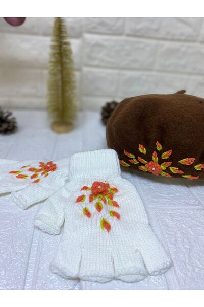 sema aksesuar Handmade Orange Floral Embroidered Pearls Brown French Painter Beret and White Fingerless Gloves
