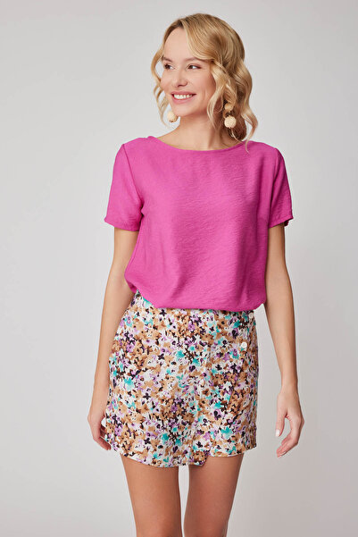 Vitrin Çiçek Desen Önü Düğmeli Şort Etek