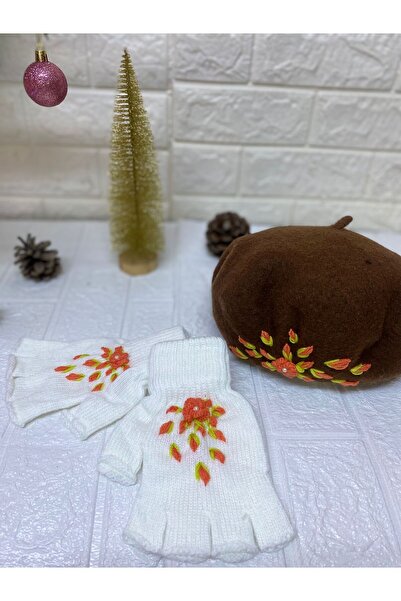 sema aksesuar Handmade Orange Floral Embroidered Pearls Brown French Painter Beret and White Fingerless Gloves