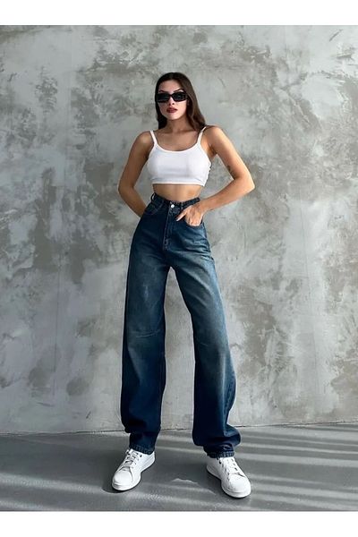 DRC trend Musiala Acid Dark Blue Baggy Buckle Detailed Loose Fitting Wide Leg Baggy Jean Jeans Loose Women's Pants