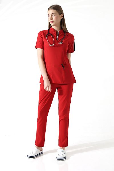TİJA Red Premium Flex Doctor Nurse Uniform, Shift Suit, Lycra Scrubs