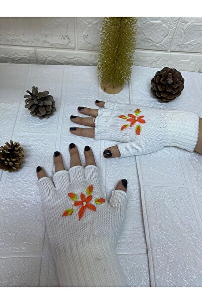 sema aksesuar قفازات بيضاء مصنوعة يدويًا باللون البرتقالي ومطرزة باللؤلؤ - قف...