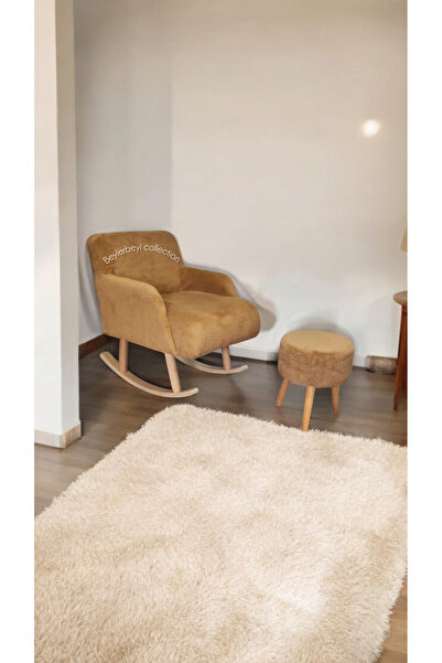BEYLERBEYİ Berjer, Sallanan Ahşap Ayaklı kahverengi Rengi Berjer Koltuk, sallanan Sandalye - Puf Hediyeli