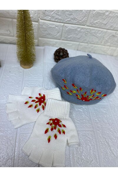 sema aksesuar Handmade Red Floral Embroidered Pearls Gray French Painter Beret Hat and White Fingerless Gloves Set