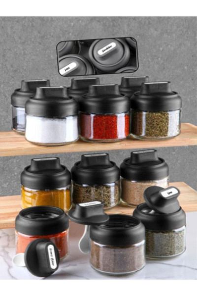 abenim 3-Piece Spice Holder Set with Matte Lid and Spoon - 330 ml - Glass Jar