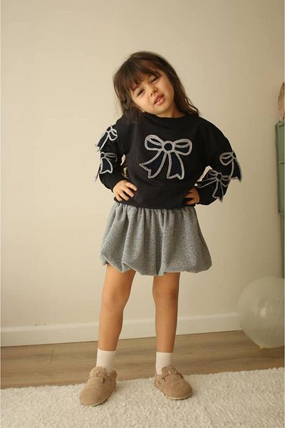 Prime Butik Ribbon Applicated Silvery Skirt Girl's 2-Piece Suit