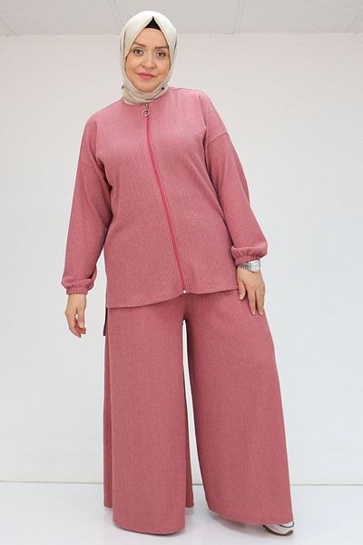 Eslina 47091 Plus Size Front Zip Trousers Suit - Dusty Rose