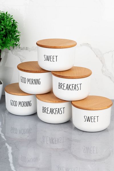 MODA OZY 6-Piece Wooden Lid Vacuum Transfer Labeled Breakfast Set 400ml Acrylic (Plastic) Jar