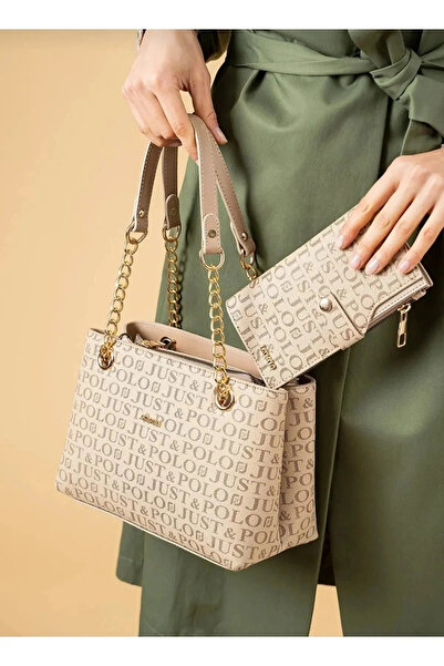 Just Polo حقيبة يد وكتف نسائية منقوشة بسلسلة مقاس: 24 × 20 سم