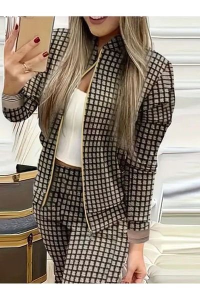 modaserdem Women's Long Sleeve Front Zipper Patterned Raised Diving Jacket and Trousers Double Set