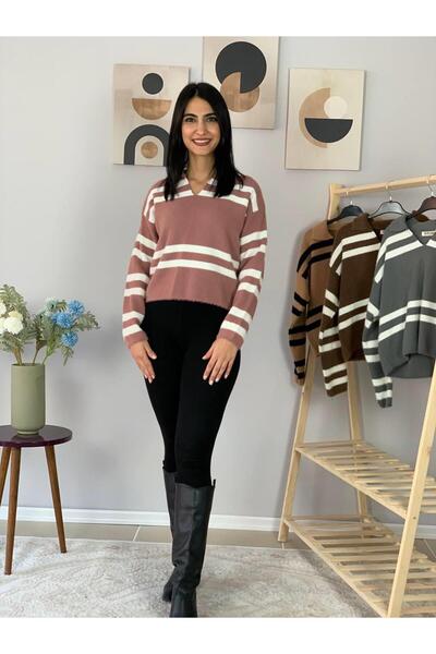 YusGos Women's Polo V-Neck Bearded Knitwear Crop Sweater