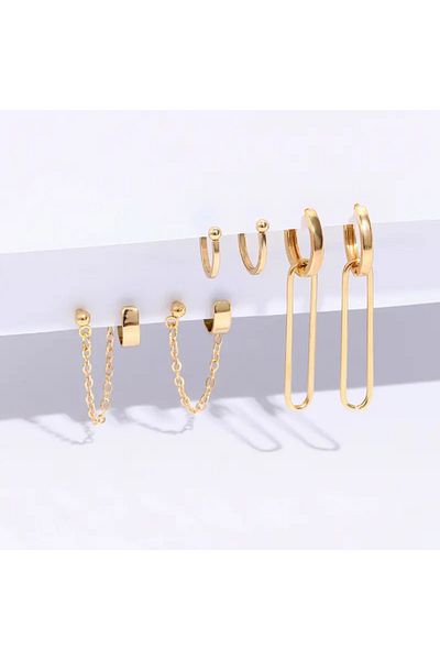 Eva Flore Gold 3 Pairs Geometric Patterned Earrings Set