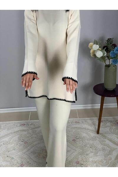 YusGos Women's Shepherd Stitch Comfortable Cut Half Turtleneck Oversized Knitwear Set (Cream)