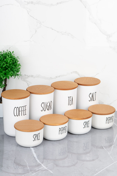 MODA OZY Set of 8 Vacuum Transfer Labeled Jars with Wooden Lids 900/400 ml Acrylic (PLASTIC) Jar
