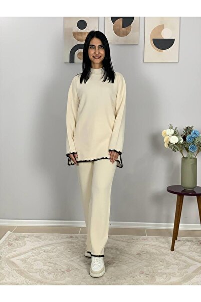 YusGos Women's Shepherd Stitch Comfortable Cut Half Turtleneck Oversized Knitwear Set (Cream)