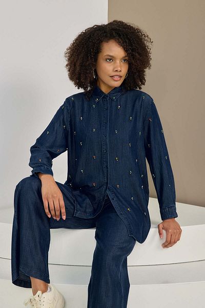 MİA NOURA Cămașă din denim cu broderie cu piatră în față pentru femei
