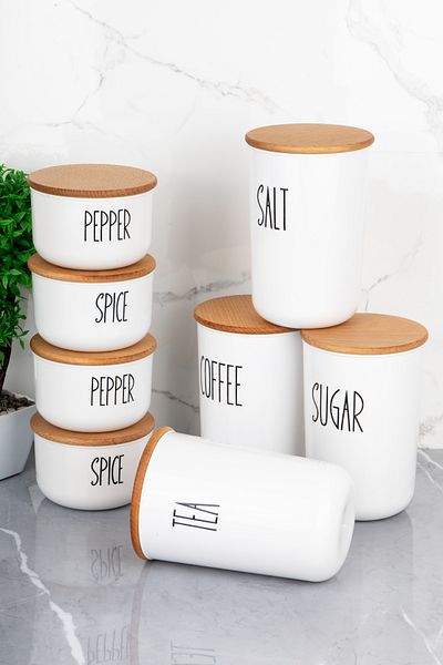 MODA OZY Set of 8 Vacuum Transfer Jar with Wooden Lid with Labels 900/400ml Acrylic (Plastic)