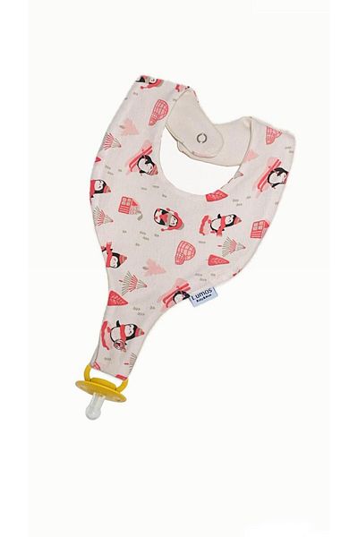 Lumos Trade 100% Cotton Organic Pacifier Holder - Bib, Penguins and Pole Strap