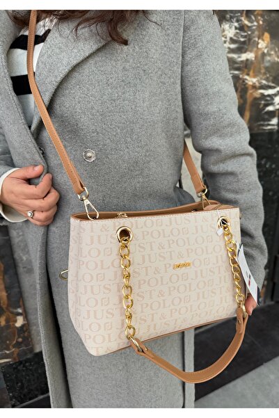 Just Polo حقيبة يد وكتف نسائية منقوشة بسلسلة مقاس: 24 × 20 سم