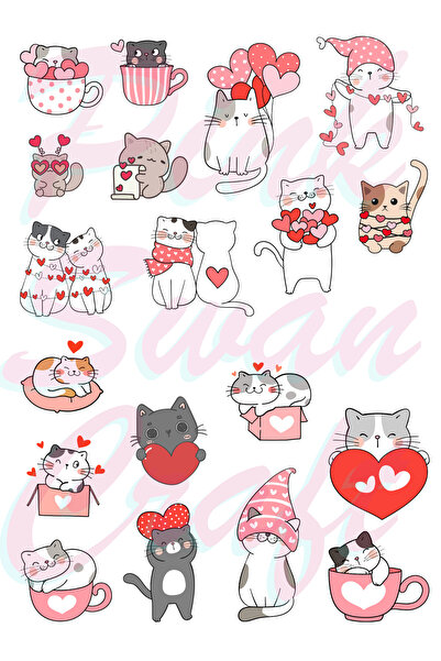 Pink Swan Craft Σετ αυτοκόλλητο με χαριτωμένα Valentine Cats με καρδιές για B...