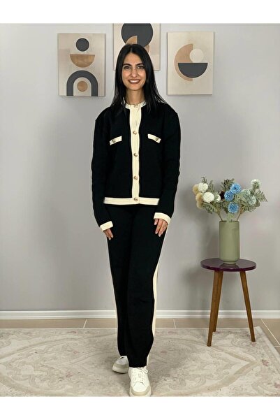 YusGos Women's Gold Buttoned Black and White Striped Knitwear Set