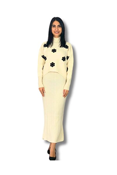 YusGos Women's Snowflake Patterned Sweater Dress (Cream)