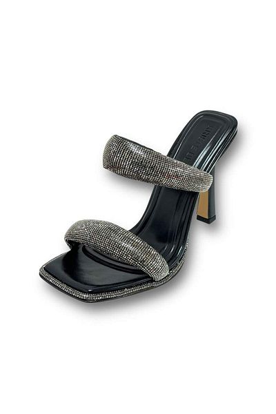 KRISTE BELL Metallic Black Women's Thick Silver Stone Banded Heeled Slippers