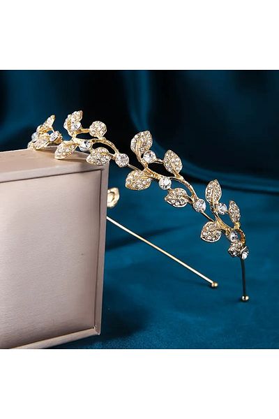 Eva Flore Stylish Bridal Crown with Gold Leaves and Rhinestones - Headband and Maternity Crown