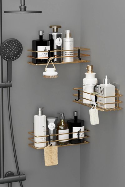 wearme Home Gold Plated Adhesive 3 Pieces Bathroom Shelf Shower Shampoo Holder Wall Organizer Organizer