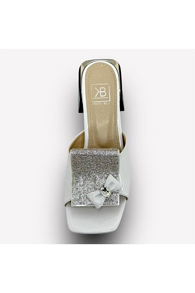 KRISTE BELL Patent Leather White Women's Square and Ribbon Buckle Heeled Slippers
