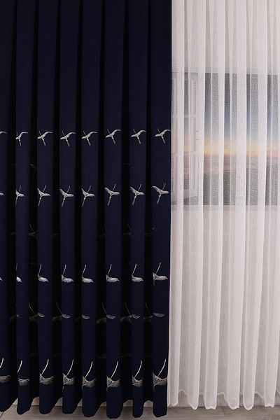 Setekshome Phoenix Embroidered Dark Blue Background Curtain Single Wing 1X3 Close Pleat
