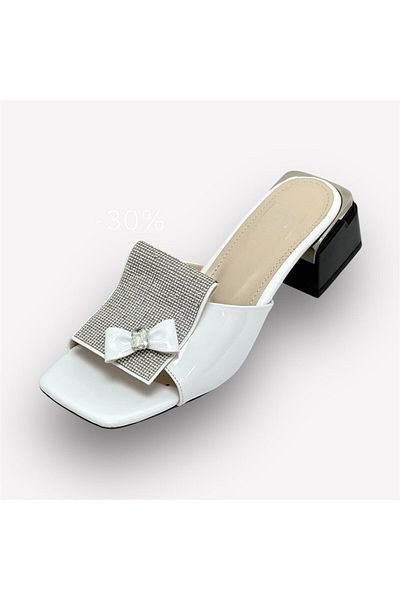 KRISTE BELL Patent Leather White Women's Square and Ribbon Buckle Heeled Slippers