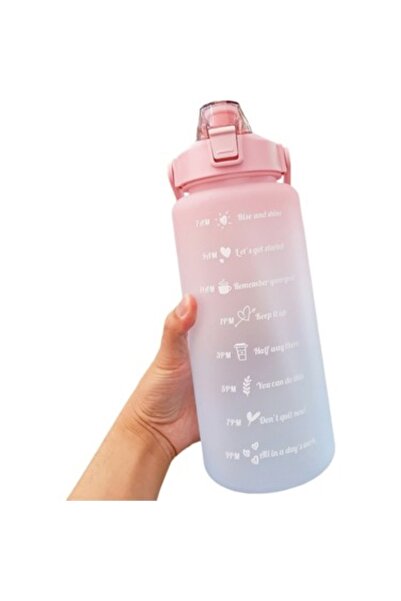 UMYHOME زجاجة مياه تحفيزية سعة 2 لتر مع ملصق وقش (وردي)