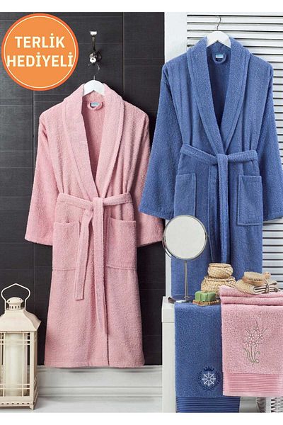 Rebeka Unisex Pink Navy Blue Towel Bathrobe Set of 4