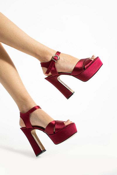 Karınca Shoes 13 Cm Wear-Running Burgundy Satin Thick Heel Platform Evening Dress Shoes