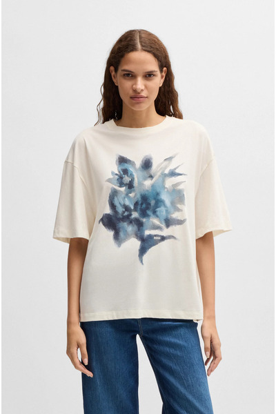 BOSS Kadın Bisiklet Yaka Kısa Kollu Desenli Normal Kalıp Bej T-Shirt 50534814...