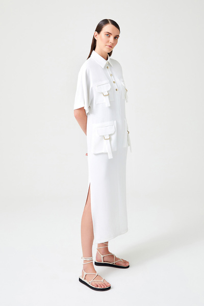 Jus De Pommes BEYAZ YANDAN YIRTMAÇLI GÖMLEK YAKA UZUN ELBİSE