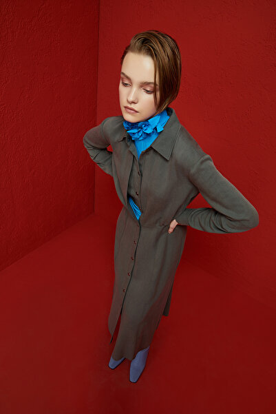 Jus De Pommes Gri Uzun Kollu Midi Gömlek Elbise