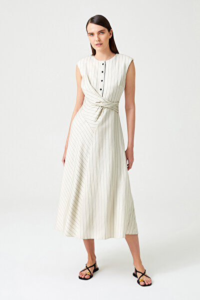 Jus De Pommes BEJ SİYAH ÇİZGİLİ YAKASI DÜĞMELİ UZUN ELBİSE