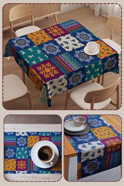 ALAMODECOR eTNİK Desenli Desenli 3'lü Takım | Masa Örtüsü - Runner - 6'lı Amerikan Servis