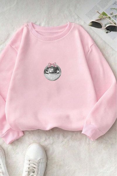 NO 601 Women's Pink Crew Neck Disco Ball Hoodless Winter Sweat
