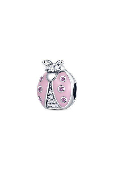 Fubena Taşlı Pembe Uğur Böceği Gümüş Charm