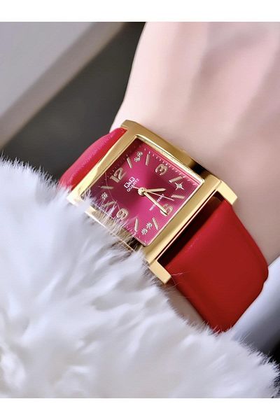 Q&Q Red Vintage Square Leather Clock - Gold Assorted Stone Detail
