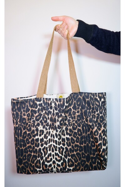 Luvili Çanta Büyük Boy Kanvas Bez Çanta 40x45 Xl Astarlı, Cepli, Çıtlı | Leopar Desenli Çanta Kahve
